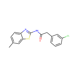 Cc1ccc2nc(NC(=O)Cc3cccc(Cl)c3)sc2c1 ZINC000068741151