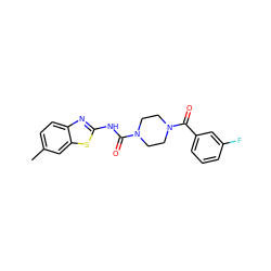 Cc1ccc2nc(NC(=O)N3CCN(C(=O)c4cccc(F)c4)CC3)sc2c1 ZINC000112969558