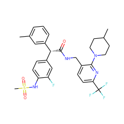 Cc1cccc([C@H](C(=O)NCc2ccc(C(F)(F)F)nc2N2CCC(C)CC2)c2ccc(NS(C)(=O)=O)c(F)c2)c1 ZINC000138625564