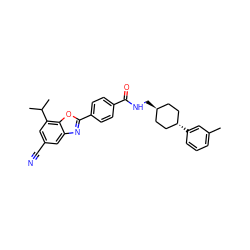 Cc1cccc([C@H]2CC[C@H](CNC(=O)c3ccc(-c4nc5cc(C#N)cc(C(C)C)c5o4)cc3)CC2)c1 ZINC000101413288