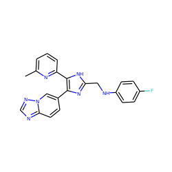 Cc1cccc(-c2[nH]c(CNc3ccc(F)cc3)nc2-c2ccc3ncnn3c2)n1 ZINC000113391487