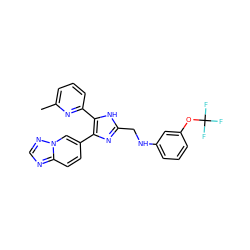 Cc1cccc(-c2[nH]c(CNc3cccc(OC(F)(F)F)c3)nc2-c2ccc3ncnn3c2)n1 ZINC000113392055