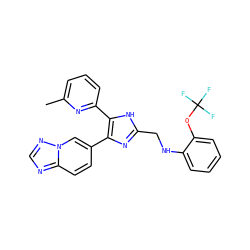 Cc1cccc(-c2[nH]c(CNc3ccccc3OC(F)(F)F)nc2-c2ccc3ncnn3c2)n1 ZINC000113384593