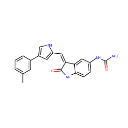 Cc1cccc(-c2c[nH]c(/C=C3\C(=O)Nc4ccc(NC(N)=O)cc43)c2)c1 ZINC000028708325