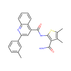 Cc1cccc(-c2cc(C(=O)Nc3sc(C)c(C)c3C(N)=O)c3ccccc3n2)c1 ZINC000001200264