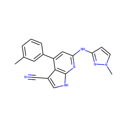 Cc1cccc(-c2cc(Nc3ccn(C)n3)nc3[nH]cc(C#N)c23)c1 ZINC000218949251