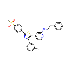 Cc1cccc(-c2nc(-c3ccc(S(C)(=O)=O)cc3)sc2-c2ccnc(NCCc3ccccc3)c2)c1 ZINC000013673424