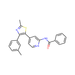 Cc1cccc(-c2nc(C)sc2-c2ccnc(NC(=O)c3ccccc3)c2)c1 ZINC000013673414