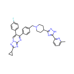 Cc1cccc(-c2nc(C3CCN(Cc4ccc(-c5nc6nc(C7CC7)nn6cc5-c5ccc(F)cc5)cc4)CC3)n[nH]2)n1 ZINC000167131111