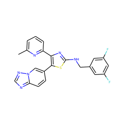 Cc1cccc(-c2nc(NCc3cc(F)cc(F)c3)sc2-c2ccc3ncnn3c2)n1 ZINC000084740655