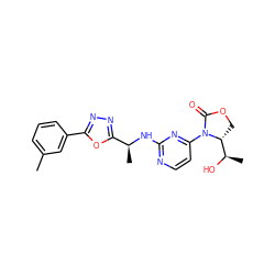 Cc1cccc(-c2nnc([C@H](C)Nc3nccc(N4C(=O)OC[C@@H]4[C@@H](C)O)n3)o2)c1 ZINC000218220447