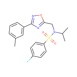 Cc1cccc(-c2noc(CN(C(C)C)S(=O)(=O)c3ccc(F)cc3)n2)c1 ZINC000002883786