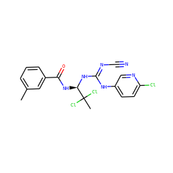 Cc1cccc(C(=O)N[C@@H](N/C(=N/C#N)Nc2ccc(Cl)nc2)C(C)(Cl)Cl)c1 ZINC000028866429