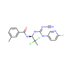 Cc1cccc(C(=O)N[C@@H](N/C(=N/C#N)Nc2ccc(F)nc2)C(C)(Cl)Cl)c1 ZINC000028866615