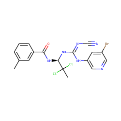 Cc1cccc(C(=O)N[C@@H](N/C(=N/C#N)Nc2cncc(Br)c2)C(C)(Cl)Cl)c1 ZINC000028866558