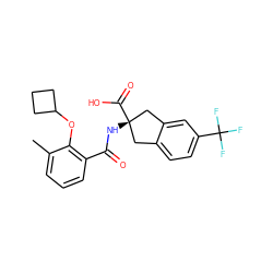 Cc1cccc(C(=O)N[C@]2(C(=O)O)Cc3ccc(C(F)(F)F)cc3C2)c1OC1CCC1 ZINC000143349605