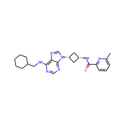 Cc1cccc(C(=O)N[C@H]2C[C@@H](n3cnc4c(NCC5CCCCC5)ncnc43)C2)n1 ZINC001772600058