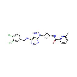 Cc1cccc(C(=O)N[C@H]2C[C@@H](n3cnc4c(NCc5ccc(Cl)c(Cl)c5)ncnc43)C2)n1 ZINC001772640505