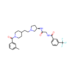 Cc1cccc(C(=O)N2CCC(CCN3CC[C@@H](NC(=O)CNC(=O)c4cccc(C(F)(F)F)c4)C3)CC2)c1 ZINC000049802460