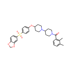 Cc1cccc(C(=O)N2CCC(N3CCC(Oc4ccc(S(=O)(=O)c5ccc6c(c5)OCO6)cc4)CC3)CC2)c1C ZINC000028004361