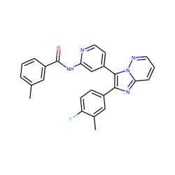 Cc1cccc(C(=O)Nc2cc(-c3c(-c4ccc(F)c(C)c4)nc4cccnn34)ccn2)c1 ZINC000146160679