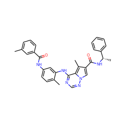 Cc1cccc(C(=O)Nc2ccc(C)c(Nc3ncnn4cc(C(=O)N[C@@H](C)c5ccccc5)c(C)c34)c2)c1 ZINC000029049951