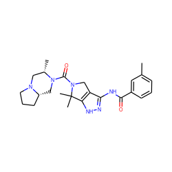 Cc1cccc(C(=O)Nc2n[nH]c3c2CN(C(=O)N2C[C@@H]4CCCN4C[C@@H]2C)C3(C)C)c1 ZINC000114181470