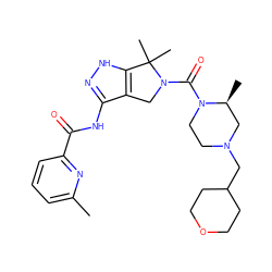 Cc1cccc(C(=O)Nc2n[nH]c3c2CN(C(=O)N2CCN(CC4CCOCC4)C[C@@H]2C)C3(C)C)n1 ZINC000149491621