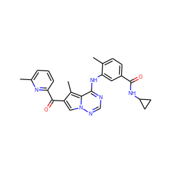 Cc1cccc(C(=O)c2cn3ncnc(Nc4cc(C(=O)NC5CC5)ccc4C)c3c2C)n1 ZINC000038940883