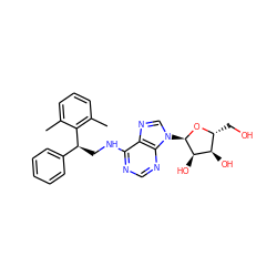 Cc1cccc(C)c1[C@@H](CNc1ncnc2c1ncn2[C@H]1O[C@H](CO)[C@@H](O)[C@H]1O)c1ccccc1 ZINC000049050092