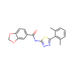 Cc1cccc(C)c1-c1nnc(NC(=O)c2ccc3c(c2)OCO3)s1 ZINC000043078592