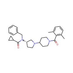 Cc1cccc(C)c1C(=O)N1CCC(N2CC[C@H](N(Cc3ccccc3)C(=O)C3CC3)C2)CC1 ZINC000040895845