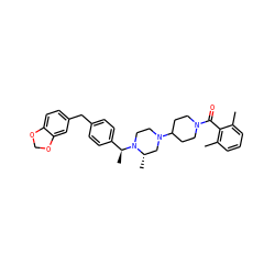 Cc1cccc(C)c1C(=O)N1CCC(N2CCN([C@@H](C)c3ccc(Cc4ccc5c(c4)OCO5)cc3)[C@@H](C)C2)CC1 ZINC000022449793