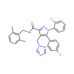 Cc1cccc(C)c1CNC(=O)c1nn(-c2ccccc2Cl)c(-c2ccc(Cl)cc2)c1Cn1cncn1 ZINC000049756613