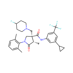 Cc1cccc(C)c1N1C[C@@](CN2CCC(F)CC2)(C(=O)Nc2cc(C3CC3)cc(C(F)(F)F)c2)[C@H](C)C1=O ZINC000142535855