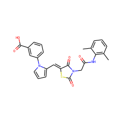 Cc1cccc(C)c1NC(=O)CN1C(=O)S/C(=C\c2cccn2-c2cccc(C(=O)O)c2)C1=O ZINC000008451841