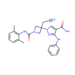 Cc1cccc(C)c1NC(=O)N1CC(CC#N)(n2cc(C(N)=O)c(Nc3ccccc3)n2)C1 ZINC000219264788