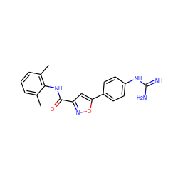 Cc1cccc(C)c1NC(=O)c1cc(-c2ccc(NC(=N)N)cc2)on1 ZINC000169326470