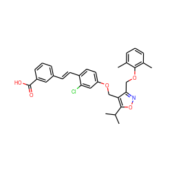 Cc1cccc(C)c1OCc1noc(C(C)C)c1COc1ccc(/C=C/c2cccc(C(=O)O)c2)c(Cl)c1 ZINC000044406427