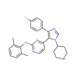 Cc1cccc(C)c1Oc1nccc(-c2c(-c3ccc(F)cc3)ncn2C2CCNCC2)n1 ZINC000034754262