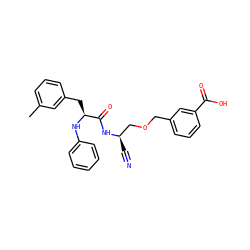 Cc1cccc(C[C@H](Nc2ccccc2)C(=O)N[C@H](C#N)COCc2cccc(C(=O)O)c2)c1 ZINC000013587584