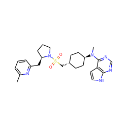 Cc1cccc(C[C@H]2CCCN2S(=O)(=O)C[C@H]2CC[C@H](N(C)c3ncnc4[nH]ccc34)CC2)n1 ZINC000261093748