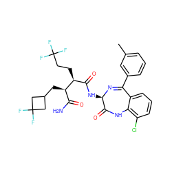 Cc1cccc(C2=N[C@H](NC(=O)[C@H](CCC(F)(F)F)[C@H](CC3CC(F)(F)C3)C(N)=O)C(=O)Nc3c(Cl)cccc32)c1 ZINC000205759211