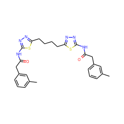 Cc1cccc(CC(=O)Nc2nnc(CCCCc3nnc(NC(=O)Cc4cccc(C)c4)s3)s2)c1 ZINC000169698067