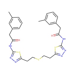 Cc1cccc(CC(=O)Nc2nnc(CCSCCc3nnc(NC(=O)Cc4cccc(C)c4)s3)s2)c1 ZINC000169698065