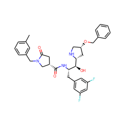 Cc1cccc(CN2C[C@@H](C(=O)N[C@@H](Cc3cc(F)cc(F)c3)[C@H](O)[C@H]3C[C@@H](OCc4ccccc4)CN3)CC2=O)c1 ZINC000029129540