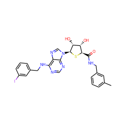 Cc1cccc(CNC(=O)[C@H]2S[C@@H](n3cnc4c(NCc5cccc(I)c5)ncnc43)[C@H](O)[C@@H]2O)c1 ZINC000049757426