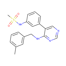 Cc1cccc(CNc2ncncc2-c2cccc(NS(C)(=O)=O)c2)c1 ZINC000004257444