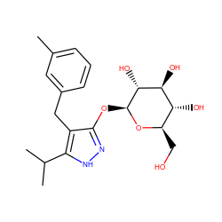 Cc1cccc(Cc2c(O[C@@H]3O[C@H](CO)[C@@H](O)[C@H](O)[C@H]3O)n[nH]c2C(C)C)c1 ZINC000095577846