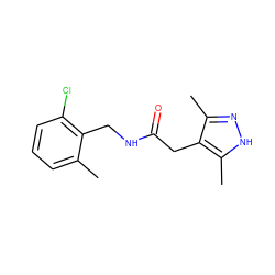 Cc1cccc(Cl)c1CNC(=O)Cc1c(C)n[nH]c1C ZINC000084690670